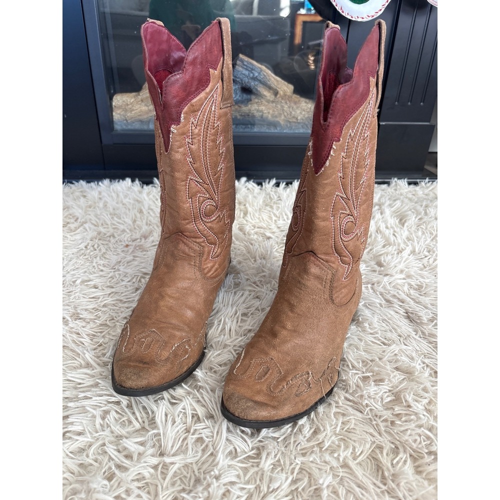 Coconuts Western Cowboy Boots Tan Red‎ Stitching Women's Size 8.5 M